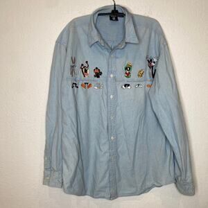 Warner Bros Vintage Embroidered Character Button Down Denim Shirt Sz Lg 1990s